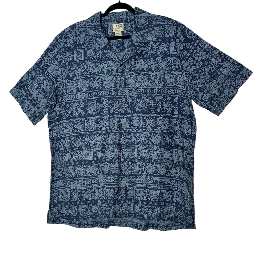 LL Bean Traditional Fit Shirt Men's‎ Large Tall Blue Paisley Floral Short Sleeve